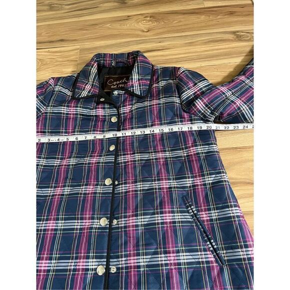 Coach Quilted Navy Blue & Purple Plaid Print Long Sleeve Snap Front Jacket Sz M - Picture 5 of 8